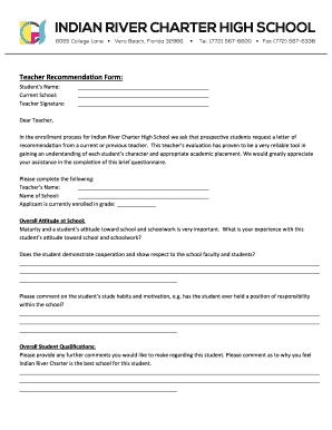 Teacher Recommendation Form Indian River Charter High School