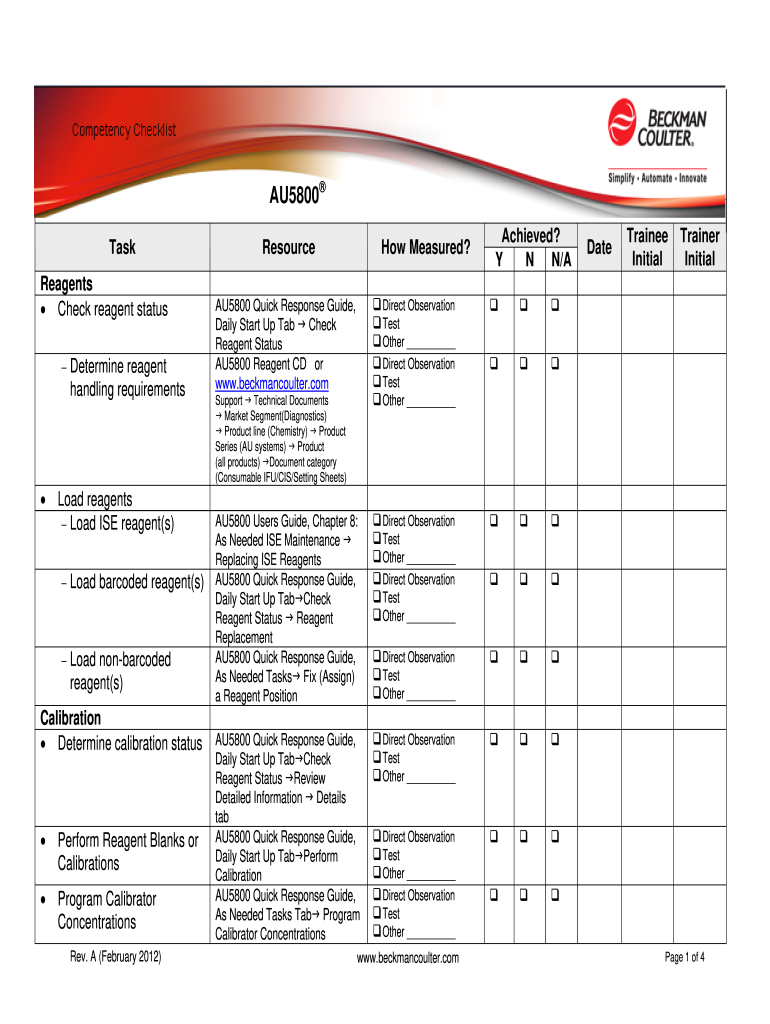  AU5800 Competency Checklist  Beckman Coulter 2012