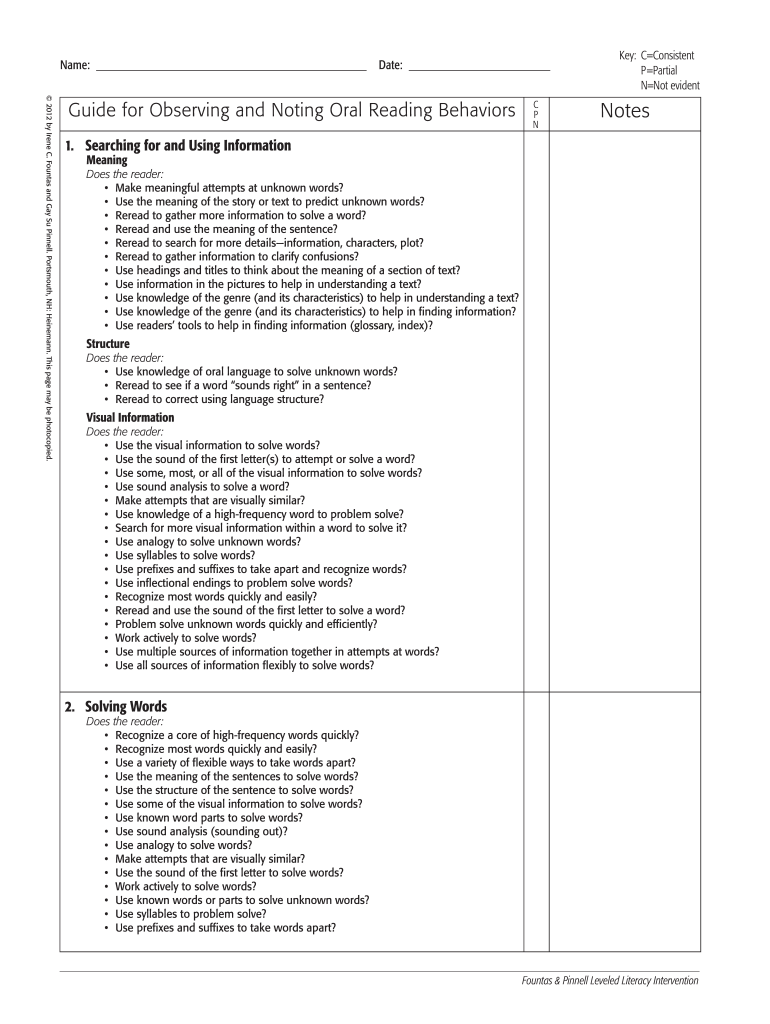Guide for Observing and Noting Oral Reading Behaviors  Form