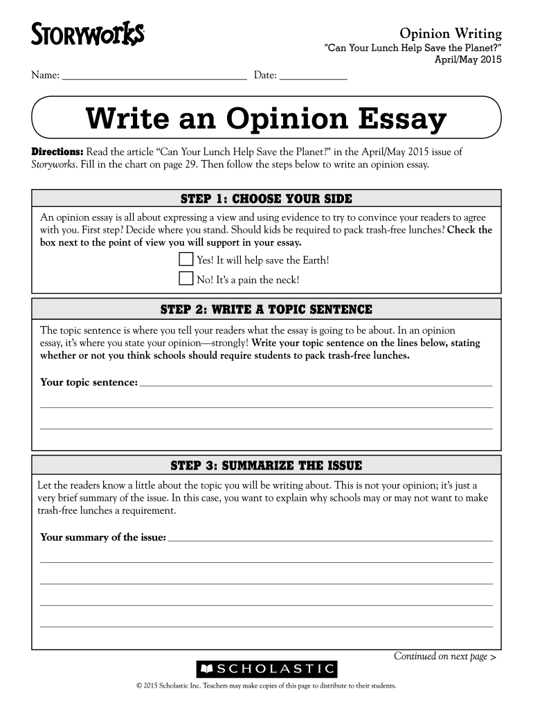 Write an Opinion Essay Storyworks Scholastic Tech Smokyvalley  Form