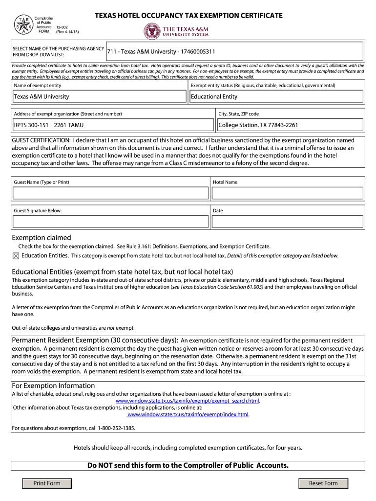  Texas Hotel Tax Exempt Form 2014