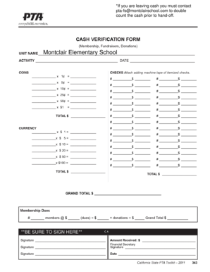 Pta Cash Verification Form