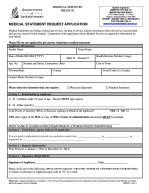 Medical Statement Request Application Saskatchewan  Form