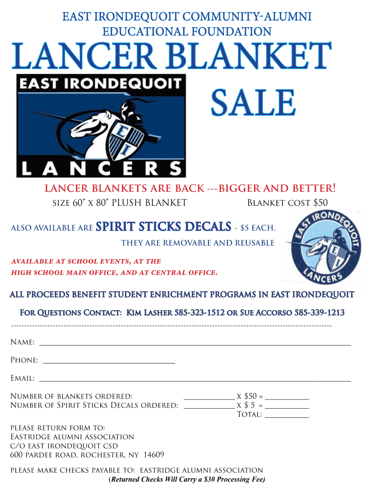 LANCER BLANKET SALE  East Irondequoit Central School District  Form