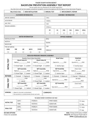 Backflow Prevention Assembly Test Report Pass Fail Pass Fail  Form