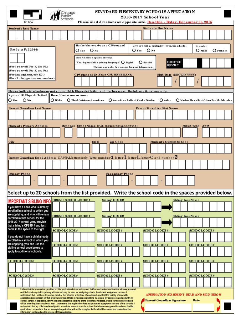 Standard Elementary Schools Application  CPS Office of Access  Cpsmagnet  Form