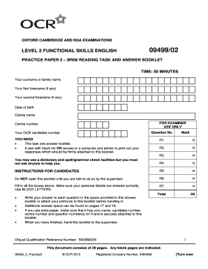 Level 2 Reading Task Answer Booklet and Mark Scheme OCR Marjon Ac  Form