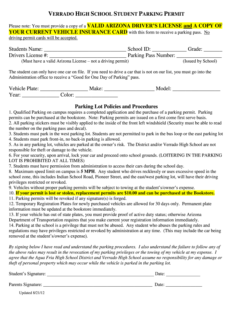  Parking Permit Agua Fria Union High School District 2012-2024