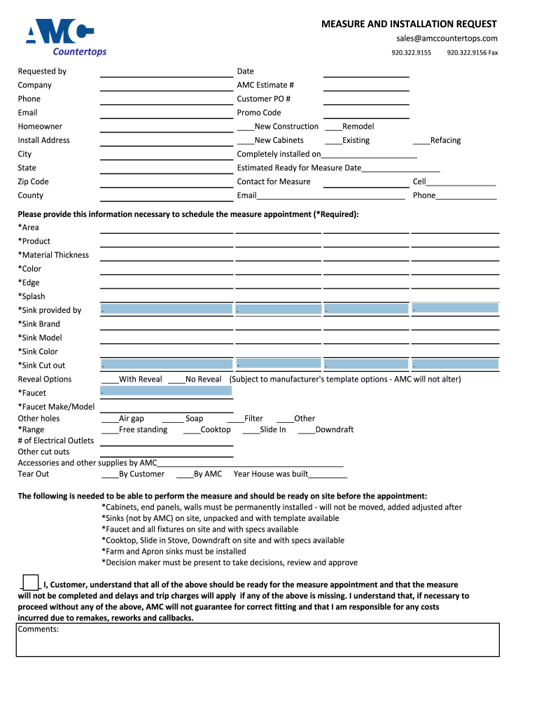 Measure Request Form AMC Countertops of