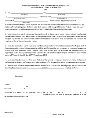 AFFIDAVIT of COMPLIANCE with CALIFORNIA PREVAILING WAGE LAW,  Form