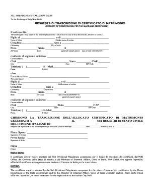 RICHIESTA DI TRASCRIZIONE DI CERTIFICATO DI MATRIMONIO  Form