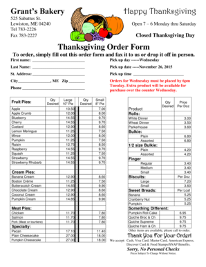 Thanksgiving Order Form Grants Bakery