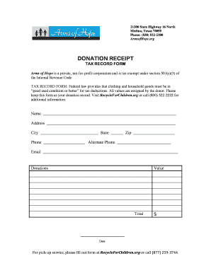 Arms of Hope Donation Receipt  Form