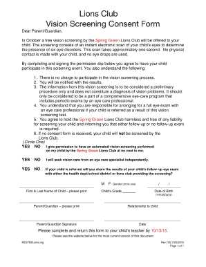 Parental Consent Form from Lions Club to Test Vision Rvschools