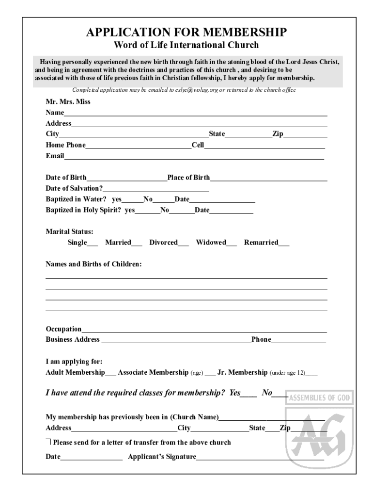 Assembly of God Membership Application  Form
