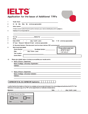 Ielts Application for the Issue of Additional Trfs Example  Form