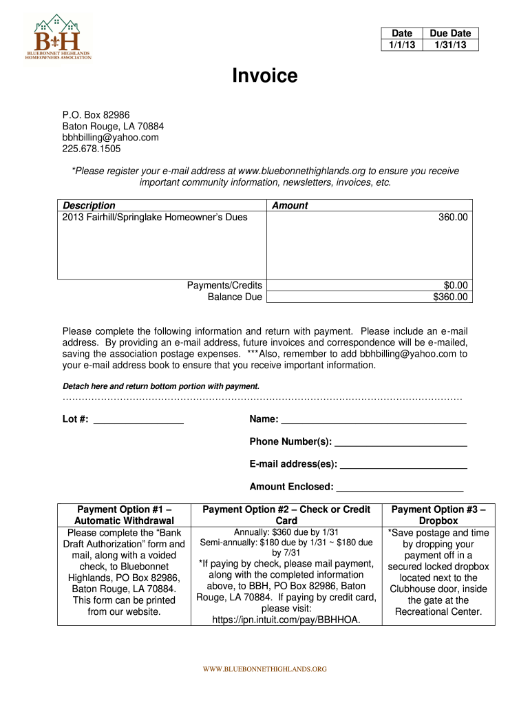 Hoa Invoice Template  Form