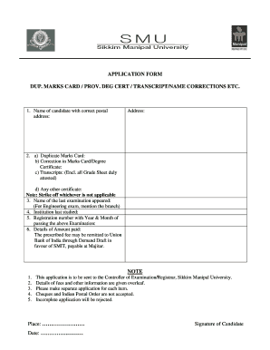 Sikkim Manipal University Transcript Application Form
