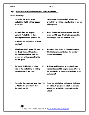 Complement Probability Worksheet with Answers PDF  Form