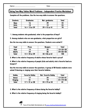 Two Way Tables Worksheet with Answer Key  Form