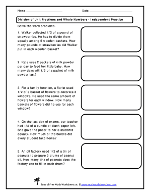 Division of Unit Fractions and Whole Numbers Independent Practice Worksheet Fractions Operations Quotients  Form