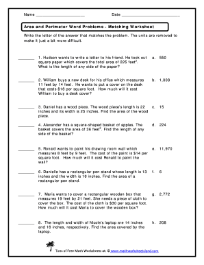 Area and Perimeter Word Problems Worksheets PDF with Answers  Form