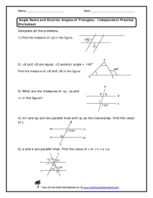 Angle Sum and Exterior Angles of Triangles Worksheet Answers  Form