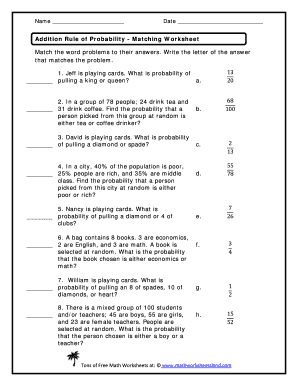 Addition Rule of Probability Worksheet Answers PDF  Form