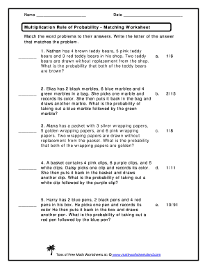 Multiplication Rule of Probability Worksheet with Answers  Form