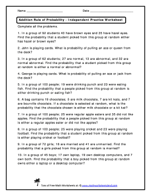 Addition Rule of Probability Independent Practice Worksheet Answers Key  Form