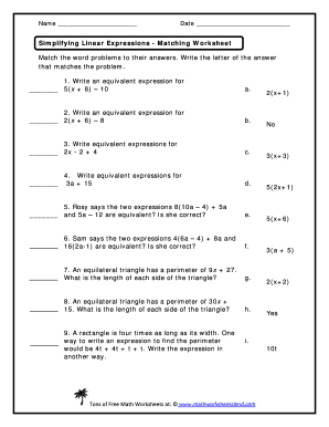 Simplifying Linear Expressions Matching Worksheet Answer Key  Form