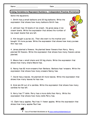 Using Variables to Represent Numbers Worksheet  Form