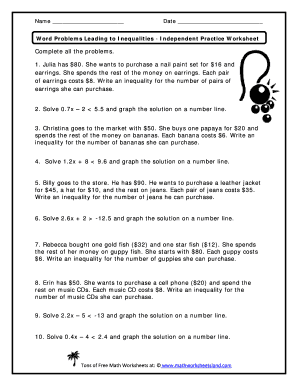Inequality Word Problems Worksheet 7th Grade PDF  Form
