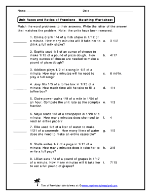 Unit Rates and Ratios of Fractions Matching Worksheet Answers  Form