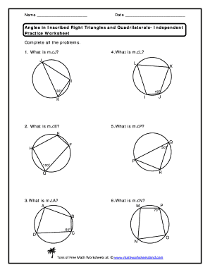 Inscribed Quadrilaterals Worksheet PDF  Form