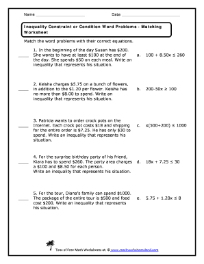 Matching Equations to Word Problems Worksheet PDF  Form