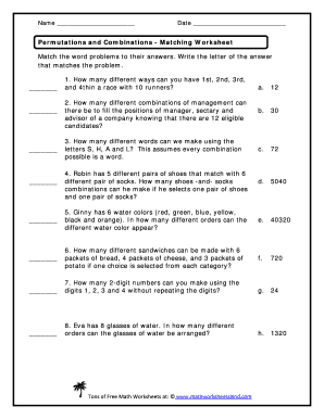 Permutations and Combinations Worksheet with Answers DOC  Form