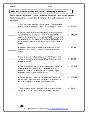 Area and Circumference of a Circle Word Problems Worksheet PDF  Form