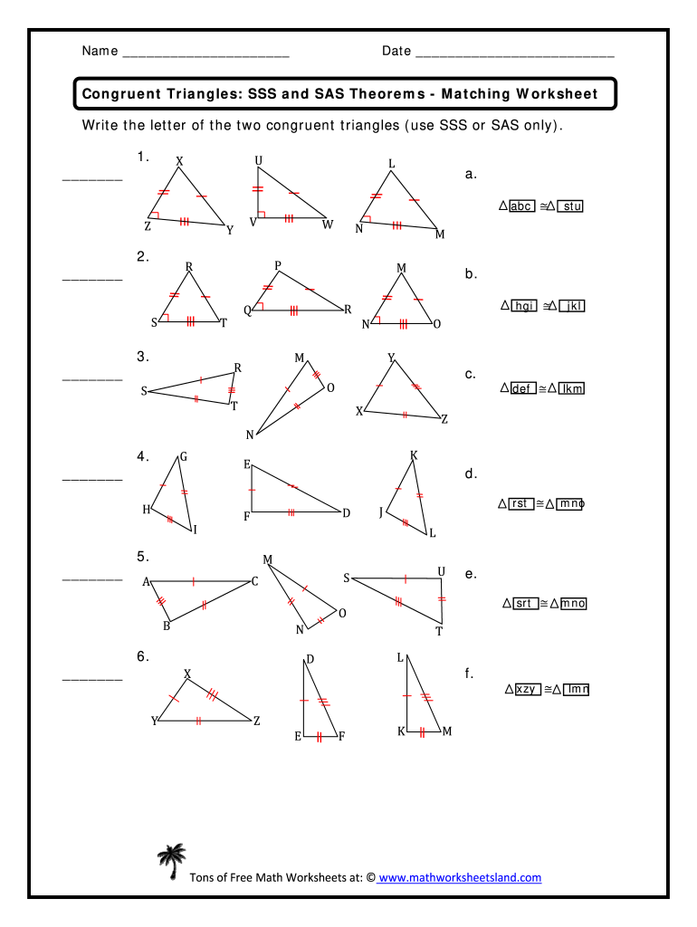 Congruent Triangles SSS and SAS Theorems Matching Worksheet  Form