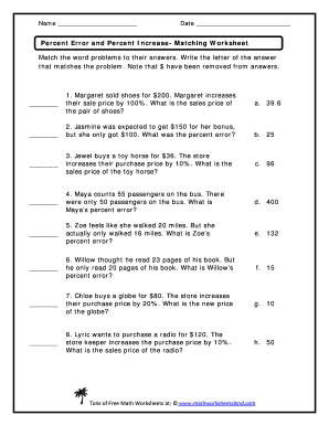 Percent Increase and Decrease Worksheet  Form