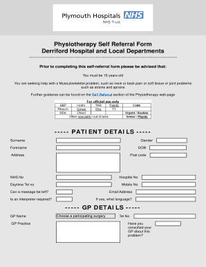 Derriford Physio Self Referral  Form