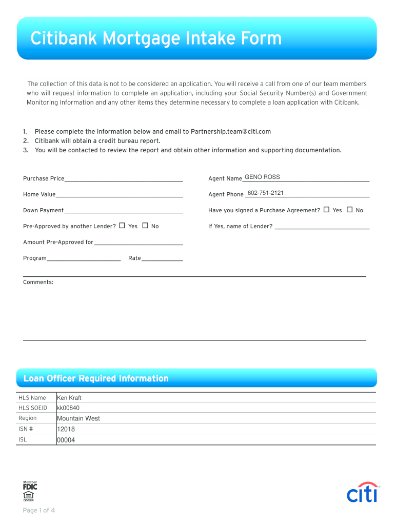 Mortgage Application Intake Form Citi