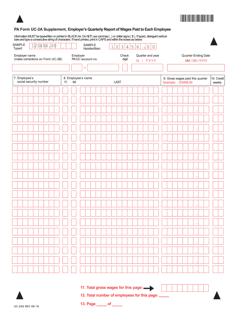 Get and Sign PA Form UC 2A Supplement Employers Quarterly Report  PA Gov 2011
