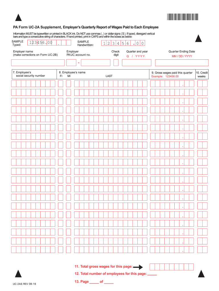  PA Form UC 2A Supplement Employers Quarterly Report  PA Gov 2011