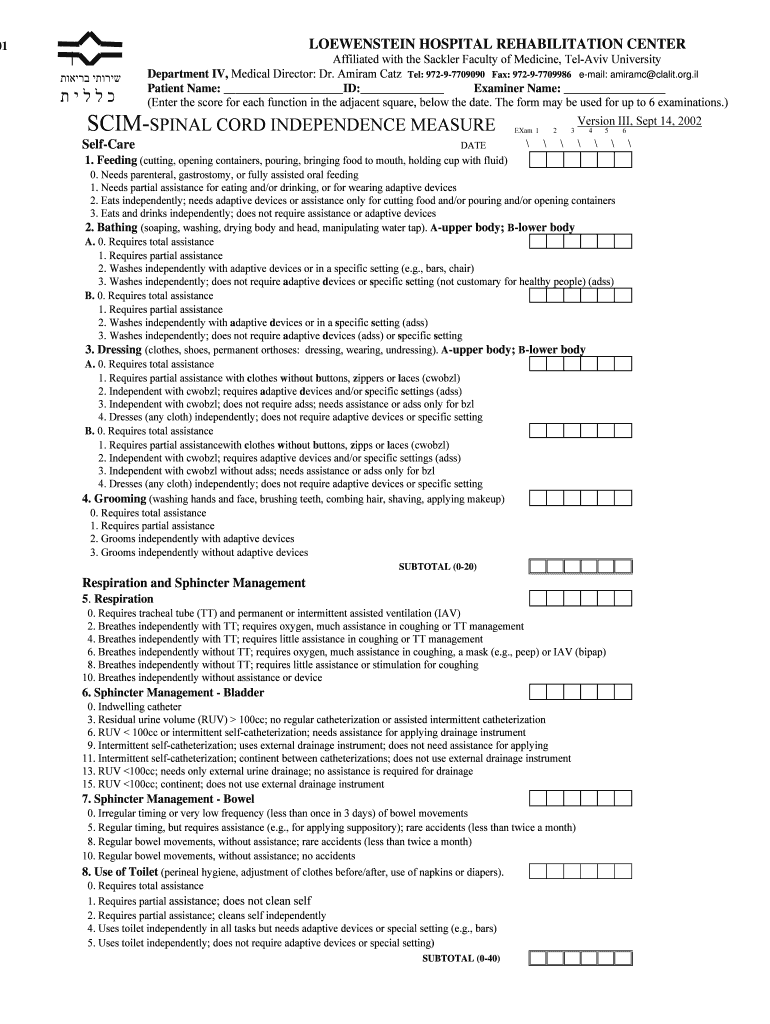 Appendix to Spinal Cord Independence Measure This Article Describes the Scale and Its Scoring Techniques Presents the Purposes F  Form