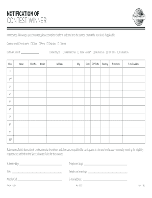 Notification of Winners Toastmasters  Form