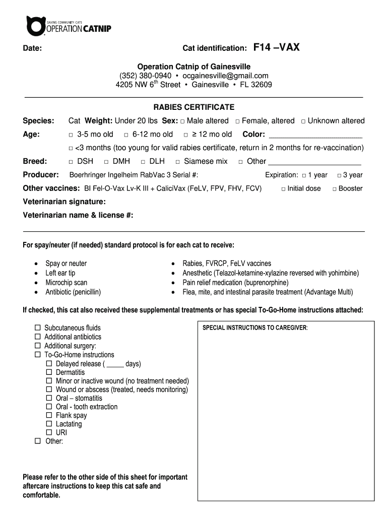 RABIES VACCINATION CERTIFICATE Vetmed Sites Medinfo Ufl  Form