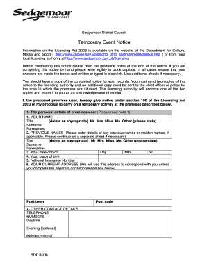 Temporary Event Notice Sedgemoor District Council Sedgemoor Gov  Form