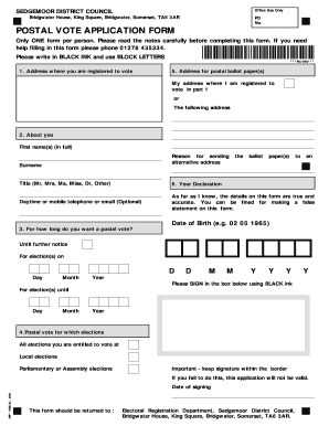 Sedgemoor District Council Postal Vote  Form