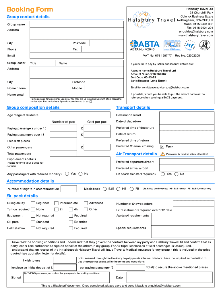 Booking Form Halsbury Ski